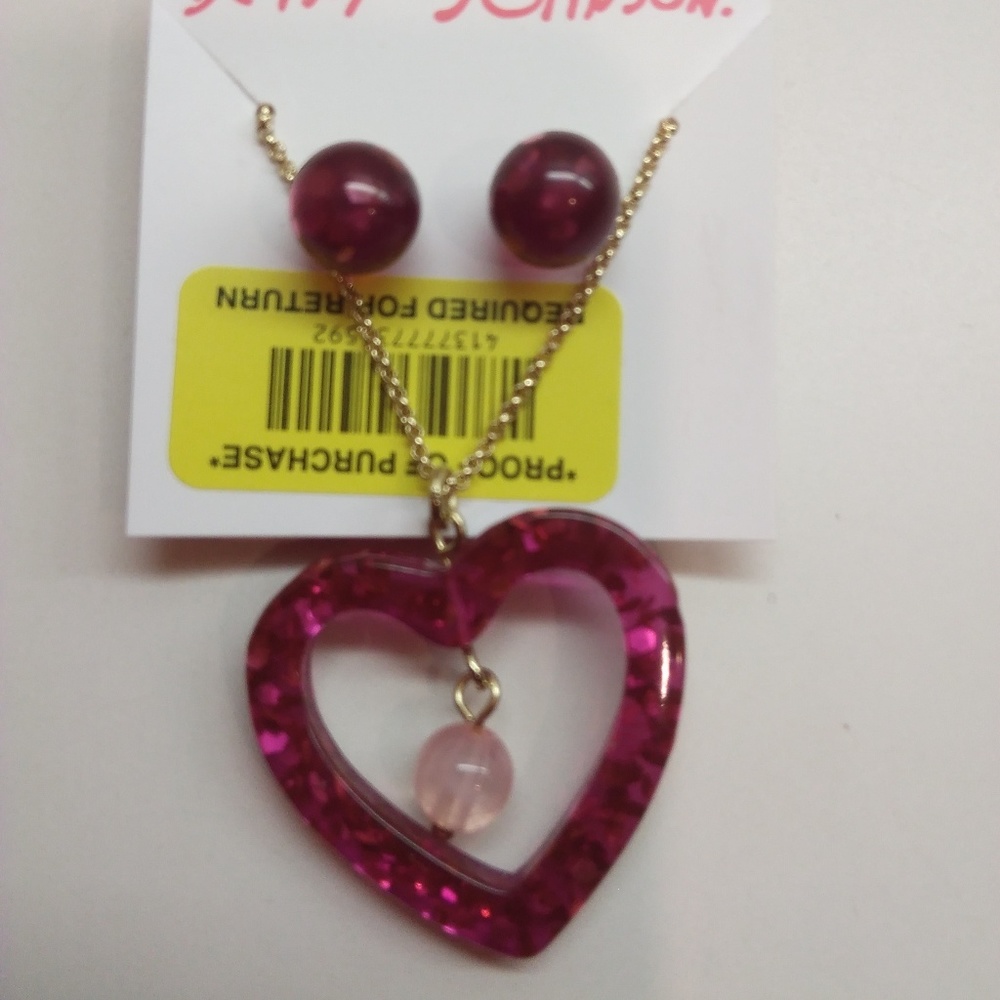 Betsey Johnson New Magenta Heart Necklace&Earrings